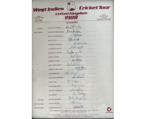 West Indies Cricket Tour 1988 multi printed signatures of Vivian Richards, Gordon Greenridge, Malcom Marshall, Patrick Paters