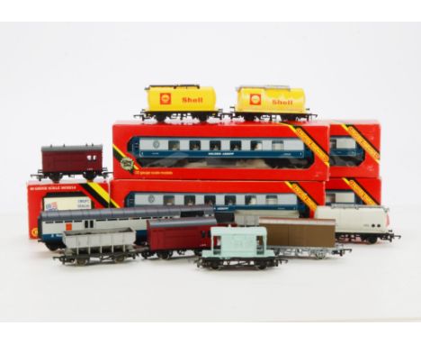 Hornby OO Gauge Coaches with Hornby Wrenn and Lima Rolling Stock, four R230 Pullman 'Golden Arrow' blue and grey coaches, in 