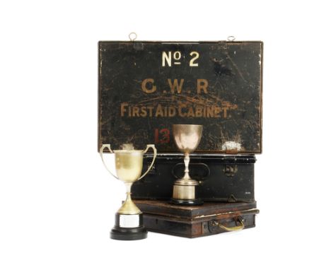 GWR and BR Metal First Aid Boxes and Cups, the largest measuring 18" x 12" x 5", complete with vintage contents - Eye Pads, d