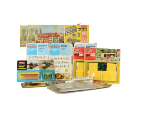 A Large Box of OO/HO Scale Scenic Accessories, by Heljan, Merit, Faller, Dapol, Tri-ang Model-Land Factory, with figures by P