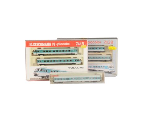 Fleischmann Continental N Gauge Railcars and Coaching Stock, Piccolo 2-car Sets 7438 and 7415 Pendolino in blue and white wit