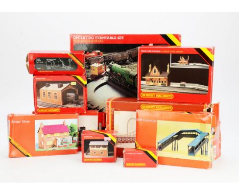 Hornby OO Gauge Lineside Buildings Accessories Track and Transformers, including R592 Main Line Station (2), R504 Engine Shed