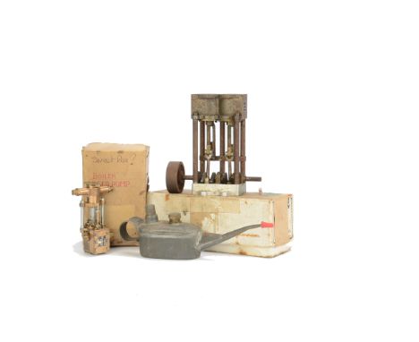 A Collection of Live Steam Engines Pumps and other Fittings, including a twin-cylinder marine-type engine F, incomplete and r