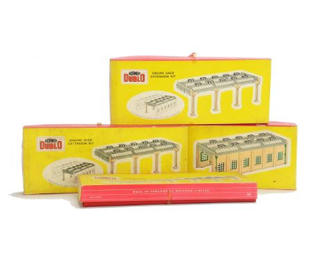 Hornby-Dublo OO Gauge Engine Shed and Extensions, comprising ref 5005 2-road shed in original box with Tri-ang-Hornby label t