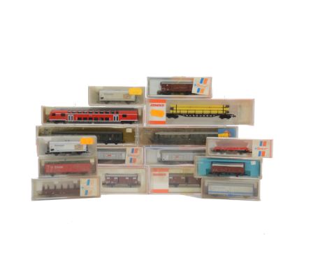 A Collection of N Gauge Continental Rolling Stock by Roco Arnold Fleischmann and Others,  including three coaches and 14 frei