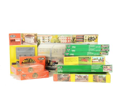 Heljan and Other HO Scale Scenic Kits, including 1758 station canopy, 3-road roundhouse shed, fuel depot, girder bridge secti