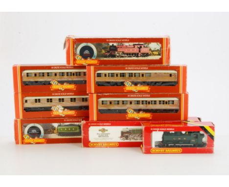 Hornby OO Gauge Locomotives and Teak Style Coaches, R063 BR green 'Britannia', R041 GWR green Pannier Tank 8751, R055 LMS cri
