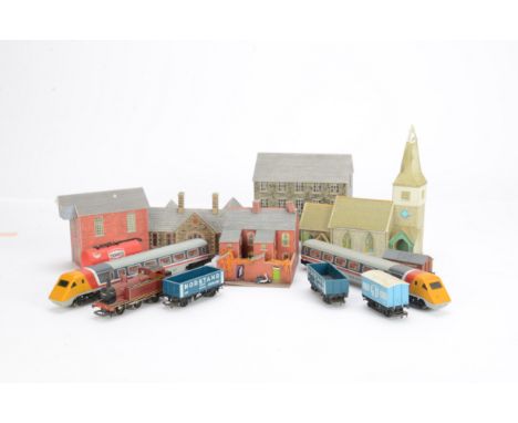 Hornby OO Gauge APT Tri-ang and Lima Rolling stock and various Card Buildings, unboxed, 5-Car ATP Set including Pantograph, T