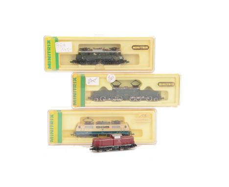 Minitrix N Gauge Continental Electric Pantograph Locomotives, 2926 Krokodil 13305, 12858 Ellok E44 107, 3058 DB maroon Shunte