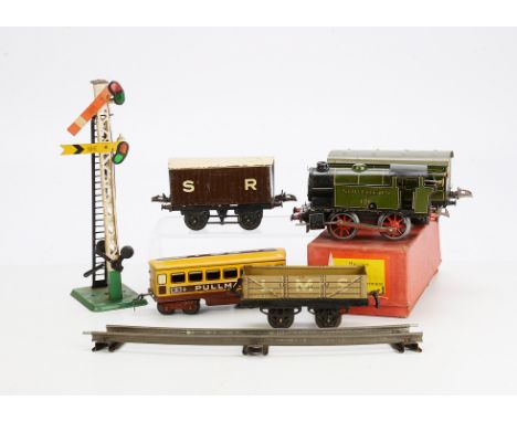 Hornby O Gauge Southern Railway Clockwork Locomotive and other items, No 1 SR green clockwork 0-4-0 Tank Engine with electric