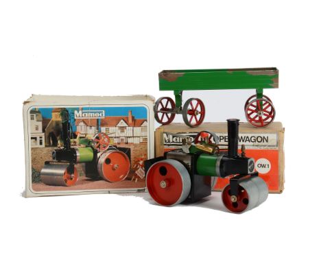 A Mamod Spirit-Fired Steam Roller and Open Wagon, comprising SR1a Roller, VG, little used, complete with burner, funnel and s