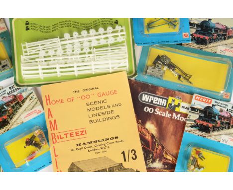 OO Gauge Accessories by Hornby Peco Merit and others, including Merit Lamp Posts, Telephone Booth, Seated Passengers, Signals