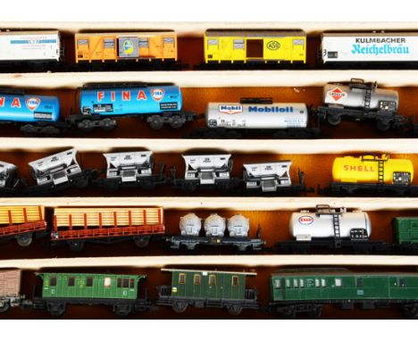 N Gauge Freight Stock by various makers, including Fleischmann Well Wagons (4), Arnold , Car Transporter, Tankers, Ferry Vans