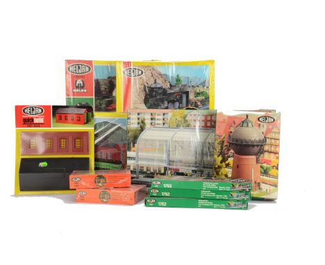 Heljan and Other HO Scale Scenic Kits, including 1758 station canopy, 3-road roundhouse shed, small station, girder bridge se