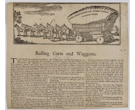 NO RESERVE 18th century transport advertisement.- Sharp (James, active 1770s) Rolling Carts and Waggons, letterpress and wood