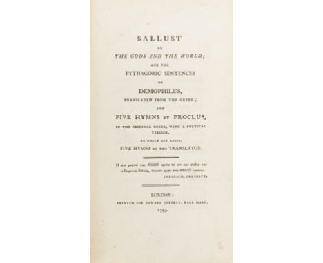 Taylor (Thomas) Sallust on the Gods and the World, first edition, bound without half-title or advertisements, bookplate, cont