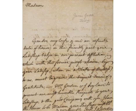 Jacobite.- Gordon (James, joined the 1745 Rebellion, c. 1723-73) Autograph Letter signed to "Madam", 2pp. with conjugate blan