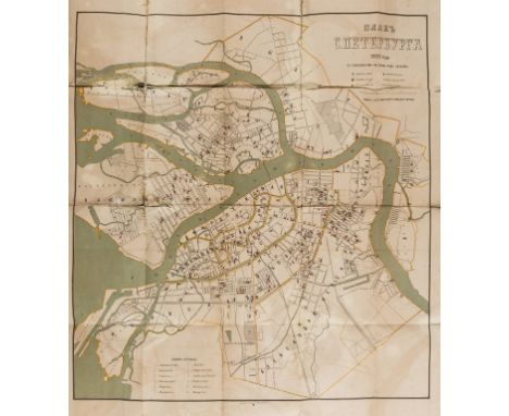 Russia.- [Plan of St. Petersburg], large folding lithographed map of St. Petersburg with hand-colouring, folds with repairs t