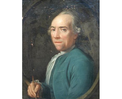 Follower of Anton Raphael Mengs (German, 1728-1779) Self-portrait of a draughtsman, holding a porte-crayon, wearing a grey wi