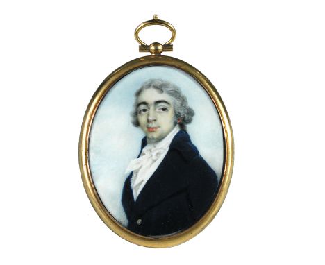 George Chinnery (British, 1774-1852) A portrait miniature of a Gentleman named Alexander Pope, wearing a blue coat, white wai