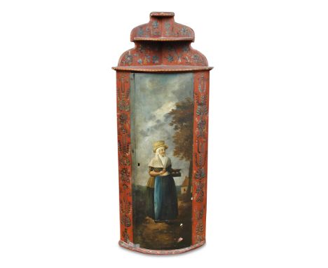 An 18th century Dutch painted bow front corner cupboard, with raised and tiered shelf back, decorated with a figure in a rust