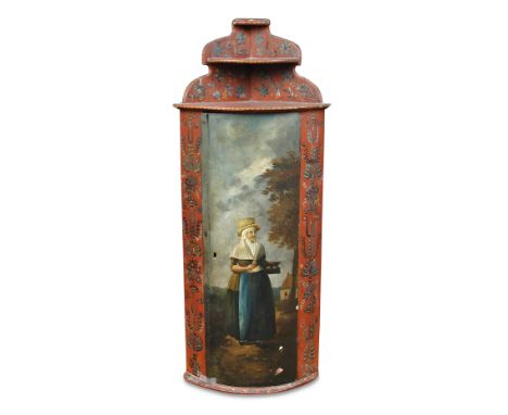 An 18th century Dutch painted bow front corner cupboard, with raised and tiered shelf back, decorated with a figure in a rust