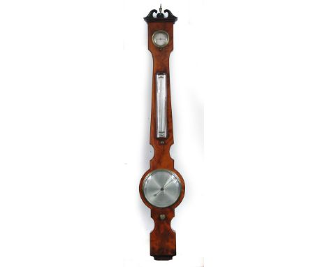 A small George III wheel barometer by Parker, London, the swanneck pediment above silvered hygrometer, bowfront thermometer, 