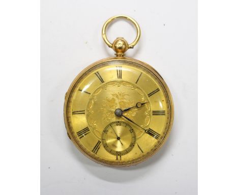 An 18ct gold gentleman's open face pocket watch, the gold coloured dial with Roman numerals in black, subsidiary seconds dial