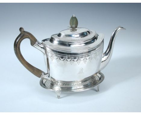 A George III silver teapot and stand, by Peter, Anne & William Bateman, London 1800, of tapering oval shape with bands of bri