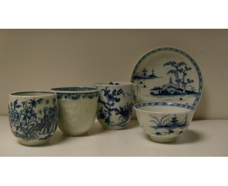 A Worcester cannon ball pattern tea bowl and saucer together with three blue and white coffee cups, the first painted with Ch