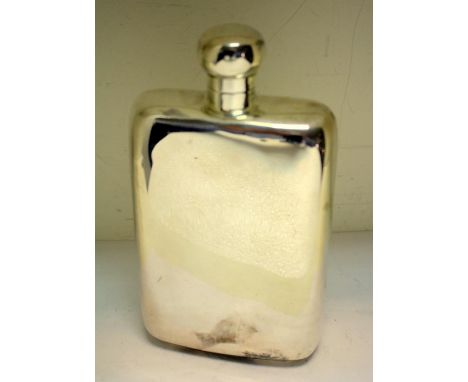 A metalwares brandy flask, of plain rectangular shape and slightly curved section, screw top, uninscribed, 20.75cm, 12.25oz  