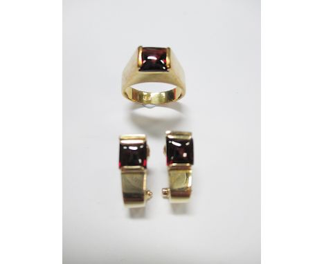 A contemporary garnet ring and earring suite, of plain bold geometric design in polished yellow precious metal, earrings stam