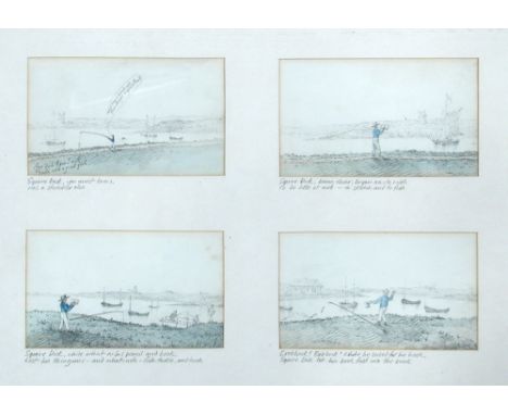 English School  (19th Century) Four comic sketches of a fisherman 'Squire Dick' with hand written verse - "Squire Dick, you m