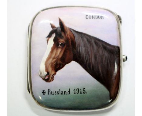 A Continental (probably German) metalwares cigarette case, indistinctly marked to the finger tag, of curved rectangular shape