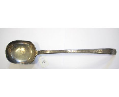 A large late 18th century French silver soup ladle, possibly Orleans, circa 1775, the base of the stem crested, the upper ste