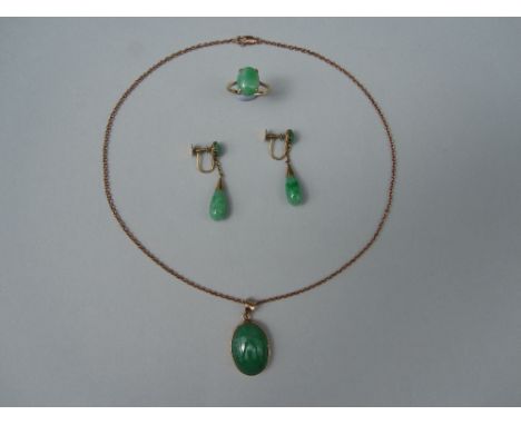 A matched suite of jadeite jewellery, comprising ring, pendant and screwback earpendants; all the jadeites of light bright mo