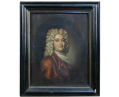 Follower of Sir Godfrey Kneller (British, 1646-1723) Portrait of a man in a grey curled wig, white cravat and red cloak, head