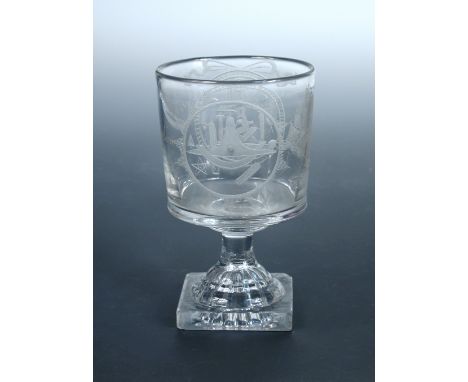 A Masonic ship's rummer and a Masonic firing glass, the bucket bowl of the first engraved with a ship flanked by Masonic roun