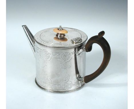 A Victorian silver teapot by Walter Morrisse, London 1849, of cylindrical shape with chased design within beaded edges, Peel 