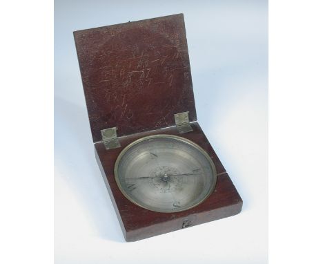 An 18th century mahogany cased compass by Benjamin Cole, the engraved silvered 12.5cm dial with raised calibrated degree ring