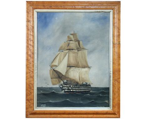 R Bryant (English, 19th Century) HMS Victory signed lower left "R Bryant" oil on board, in a maple frame 69 x 53cm (27 x 21in