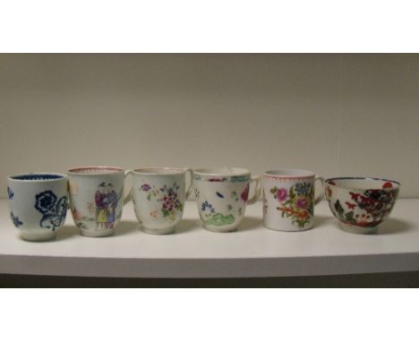 Four 18th century English coffee cups, a can and a tea bowl, the Bow coffee cup painted with flowers and rocks, the can previ