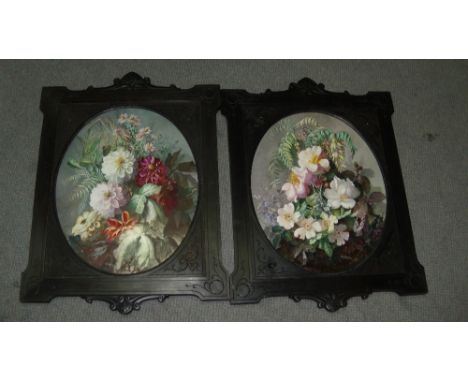 G Leonce', a pair of painted pottery plaques, circa 1870, each of the ovals painted with flowers, scratch inscribed signature