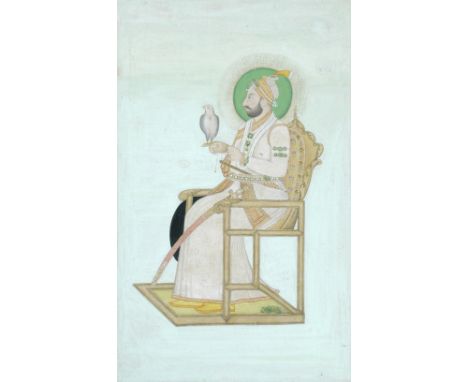 Indian School (19th Century)  Muhammad Shah, seated, with a hawk watercolour, within a painted border, with a study of a rose