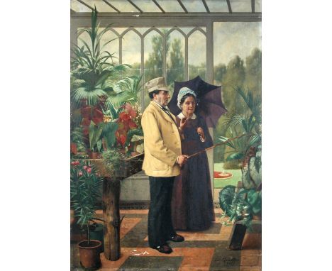 Eduard Quitton (Belgian, 1842-1913) In the Greenhouse signed lower right "Ed. Quitton 1877" oil on panel, unframed 64 x 46cm 