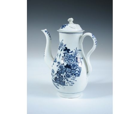 A Lowestoft blue and white coffee pot and cover, the baluster shape printed with the zig zag fence pattern, two cormorants fl