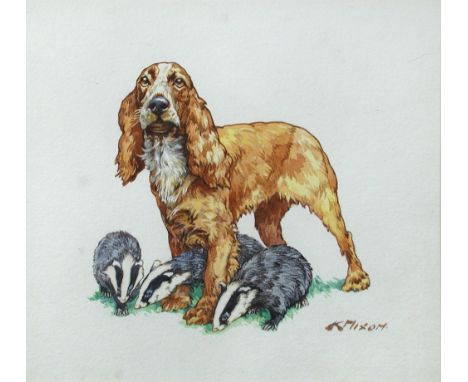 Kay Nixon, SWA (British, 20th Century) A golden cocker spaniel with three badger cubs signed lower right "K Nixon" watercolou