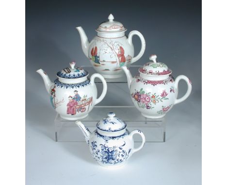 A Worcester polychrome tea pot and cover painted with a mandarin seated at a table being shown flowers by an attendant anothe