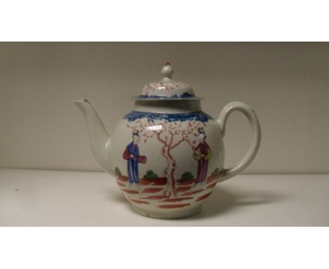 A Pennington's Liverpool tea pot and cover painted on each side with a mother and child one side of an iron red tree and the 