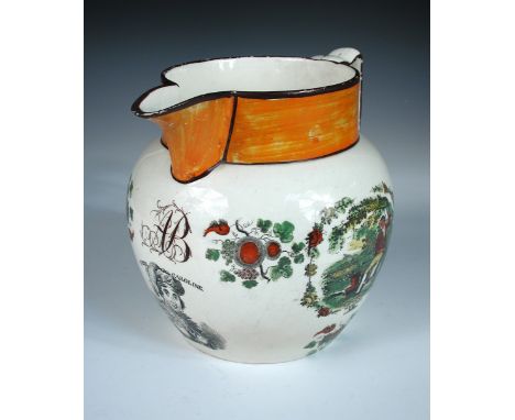 Two commemorative creamware jugs, the first printed with a portrait of Queen Charlotte below the orange spout and brown paint